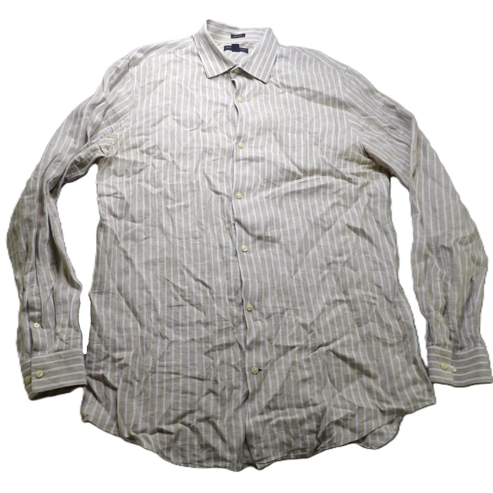Banana Republic Men XLT 100% Irish Linen Beige Stripe Long Sleeve Button Shirt
